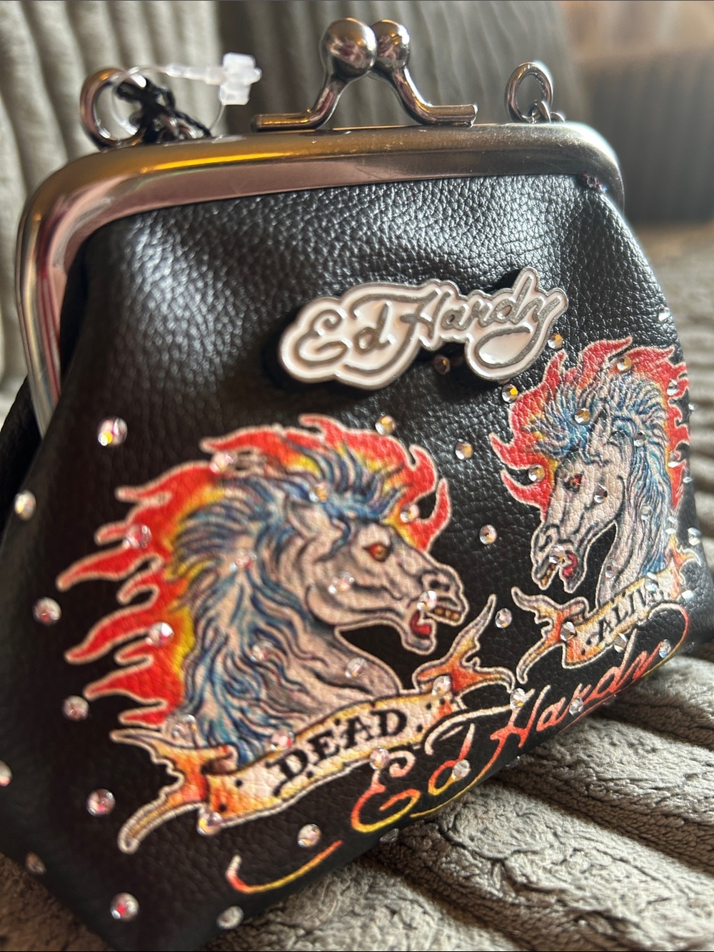 Ed Hardy Dead Alive Kiss-Lock Coin Purse Shoulder Bag Flaming Ombré Stallions